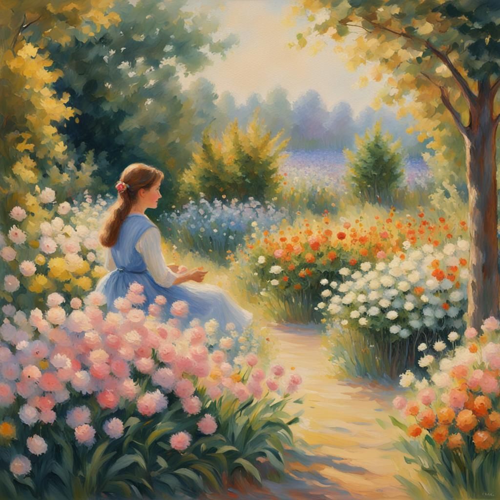 Impressionist Garden Scene with Smiling Figure