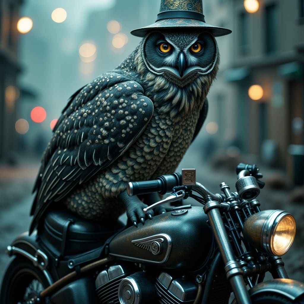 Majestic Owl on Motorcycle in Dark Fantasy Concept Art Style