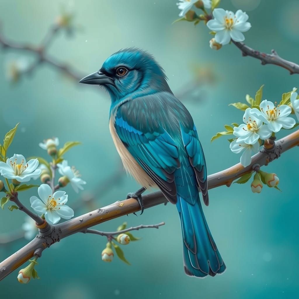 Turquoise Jay Bird on Blossoming Branch