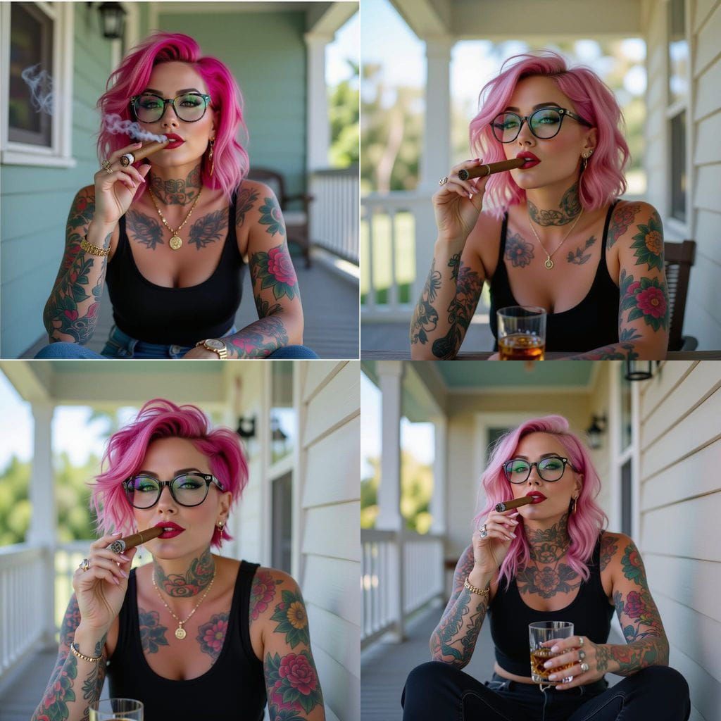 Pink-Haired Woman Smoking Cigar, Cinematic Film Still