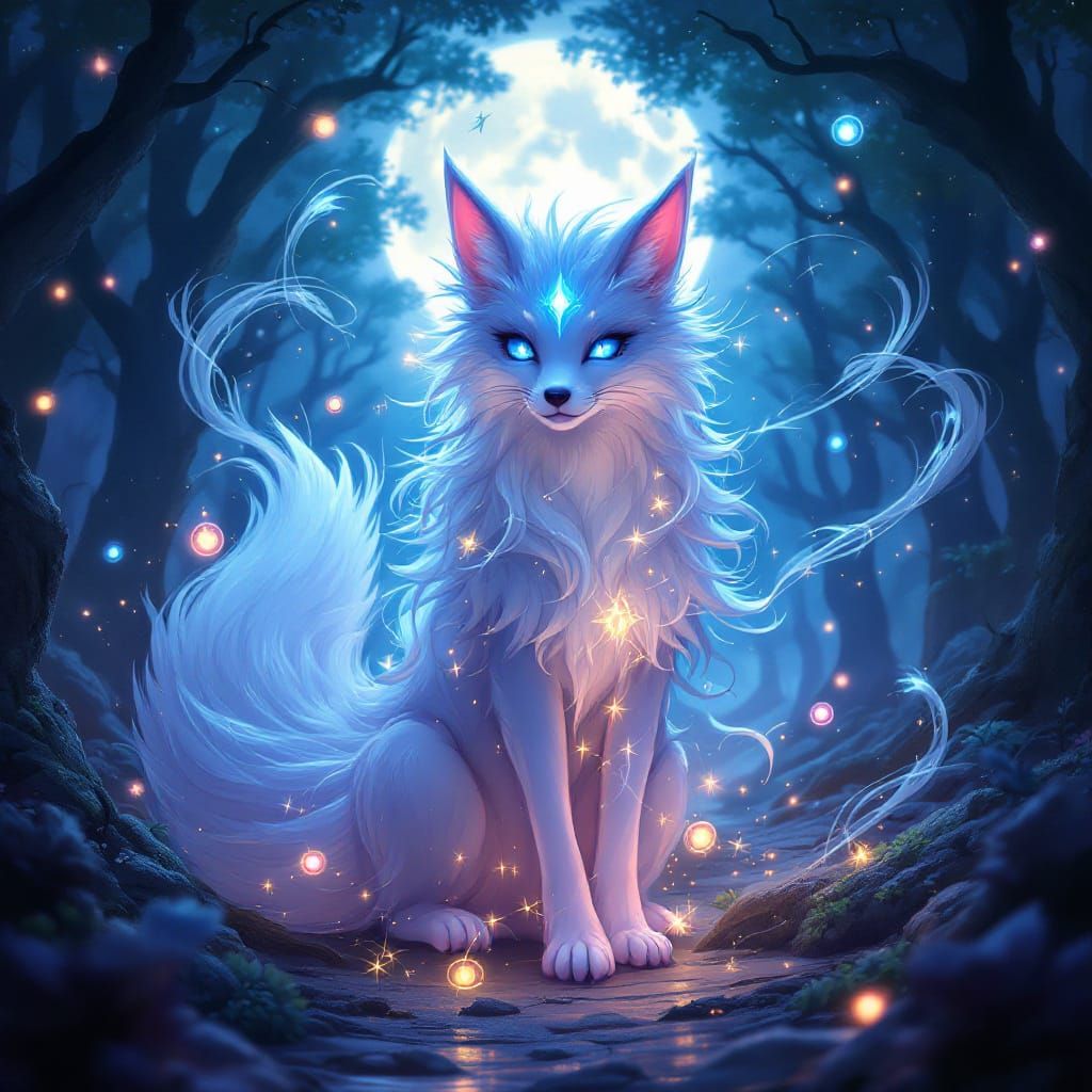 Mystical Nine-Tailed Fox Spirit in Moonlit Forest