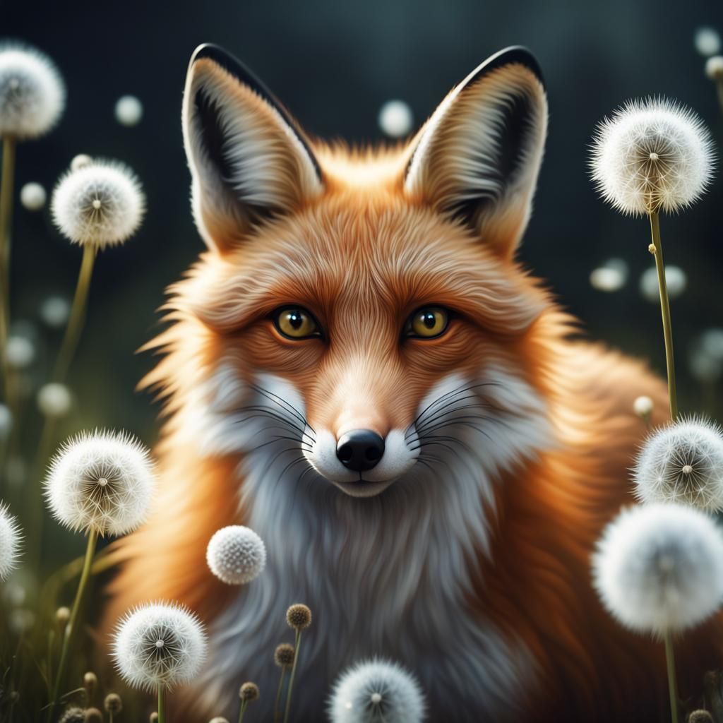 Fox in Dandelion Field: Hyperrealistic Photography