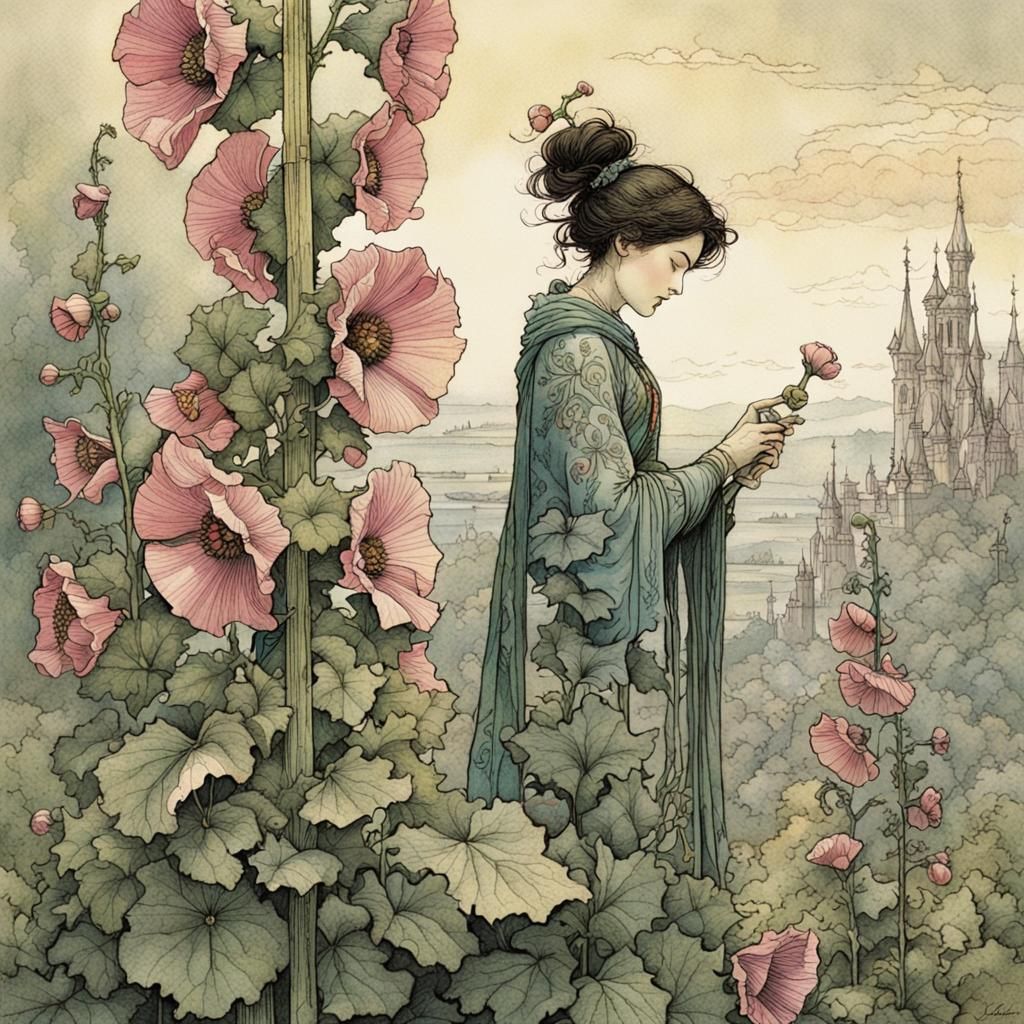 Hollyhock Blossom in Illustrative Fantasy Style