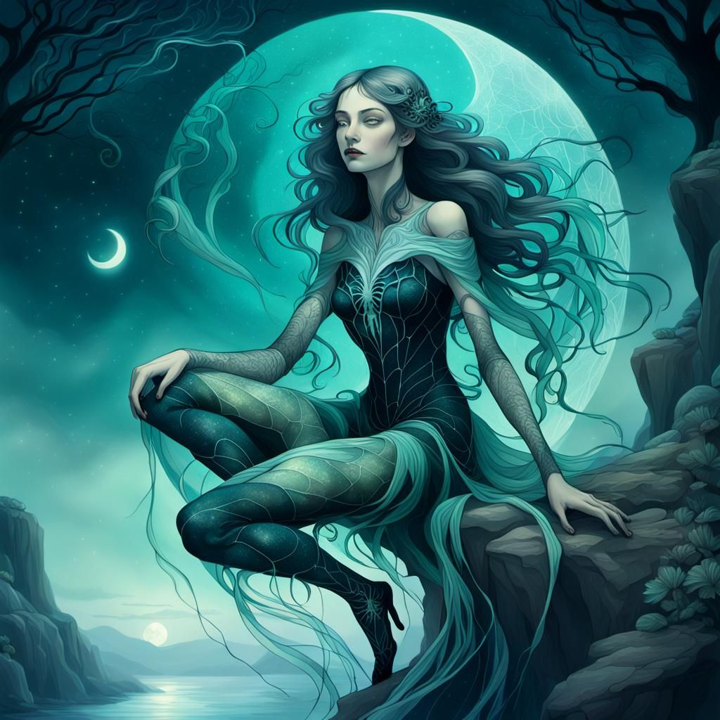 Spider-Woman Hybrid on Moonlit Cliff in Art Nouveau Style