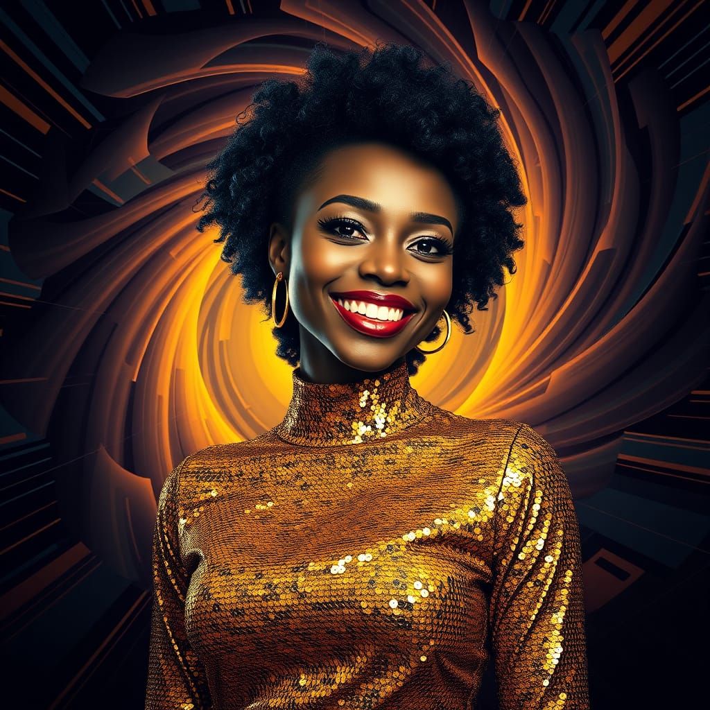 Golden Sequin Woman in Black Hole Vortex