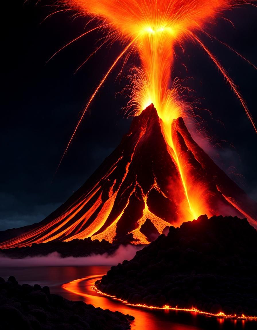 Volcanic Eruption with Lava Flow in Jugendstil