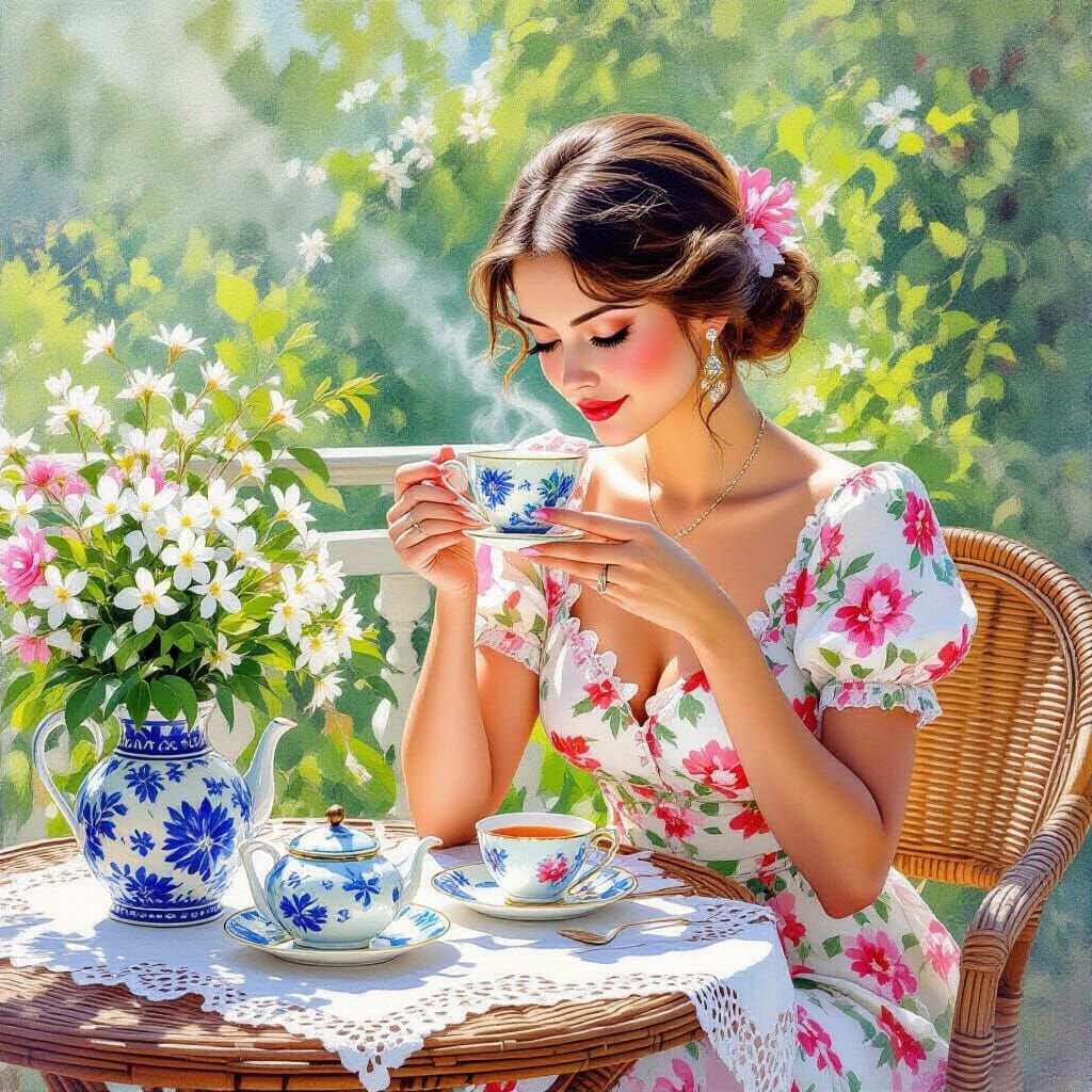 Russian Woman Enjoying Tea in Watercolor Style