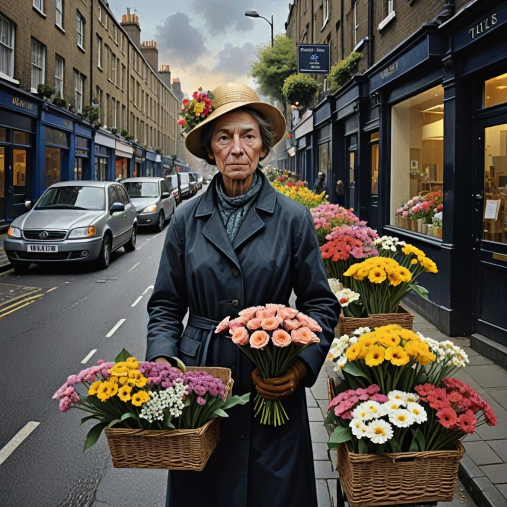 Ethereal London Street Flower Seller in Mixed Media Poster A...