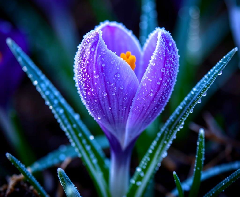 Crocus Flower with Frost in Morning Light
