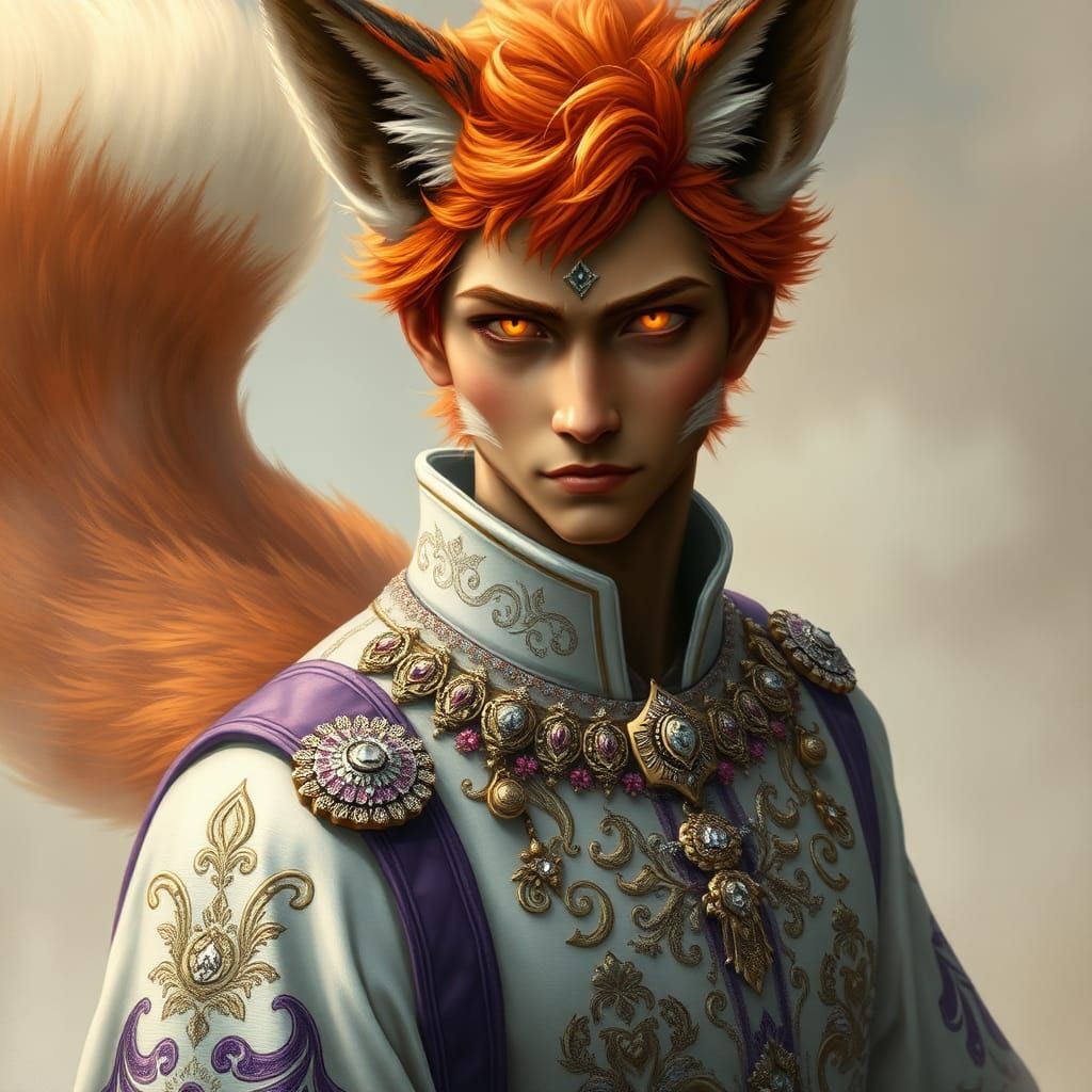 Regal Fox-Man in Ethereal Fantasy Landscape