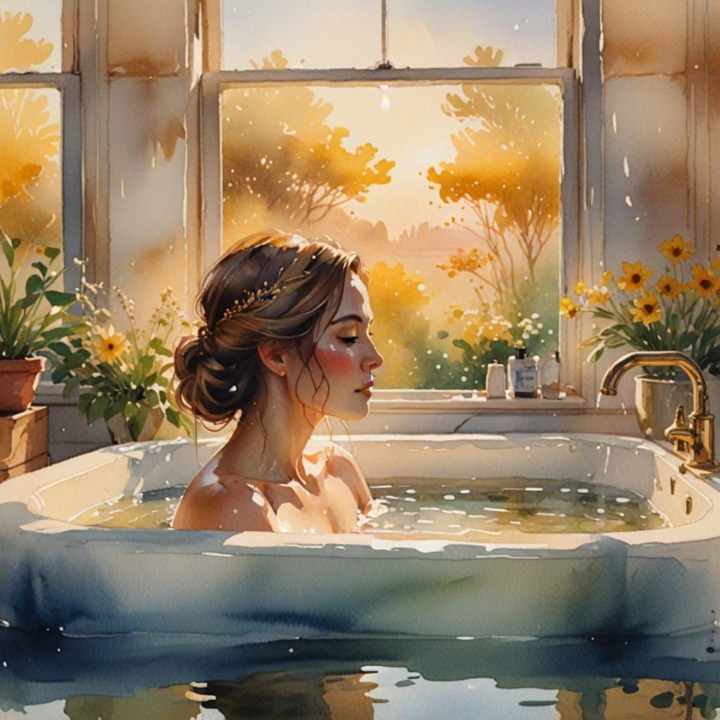 A Woman Soaks in a Whimsical Bathtub Scene, Watercolour Pain...