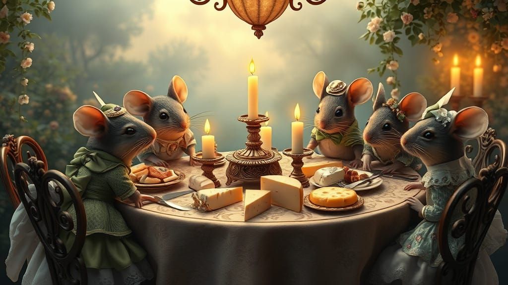 Whimsical Mice in Victorian Attire Adorned with Sparkling Ac...