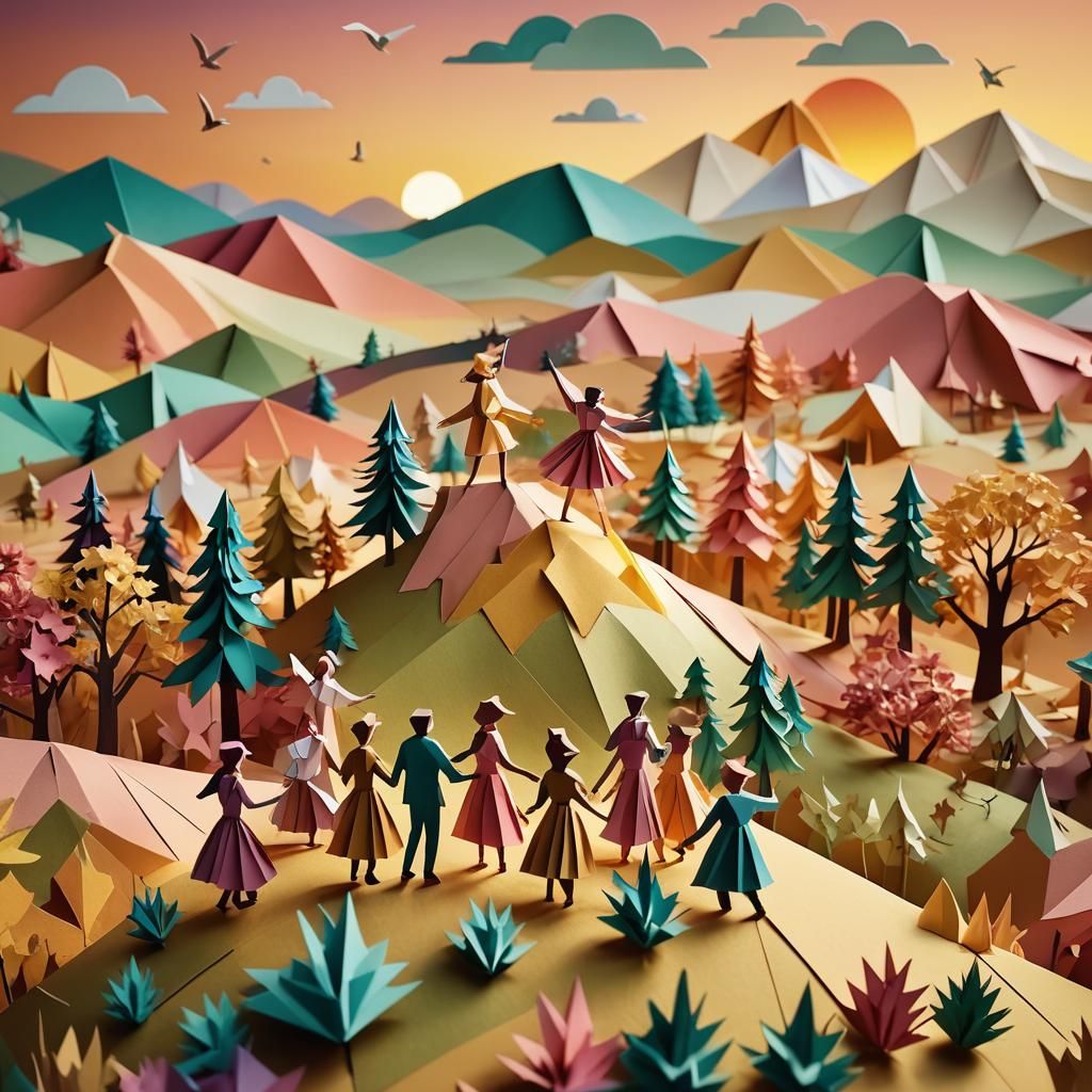 Surreal Origami Landscape of Friends Dancing