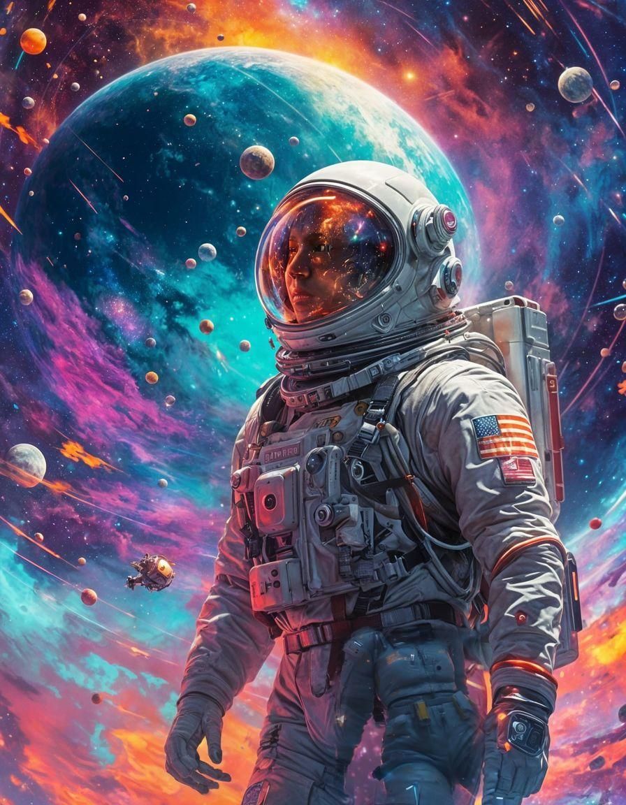 Epic Astronaut Floats in Bright Cyberpunk Galaxy