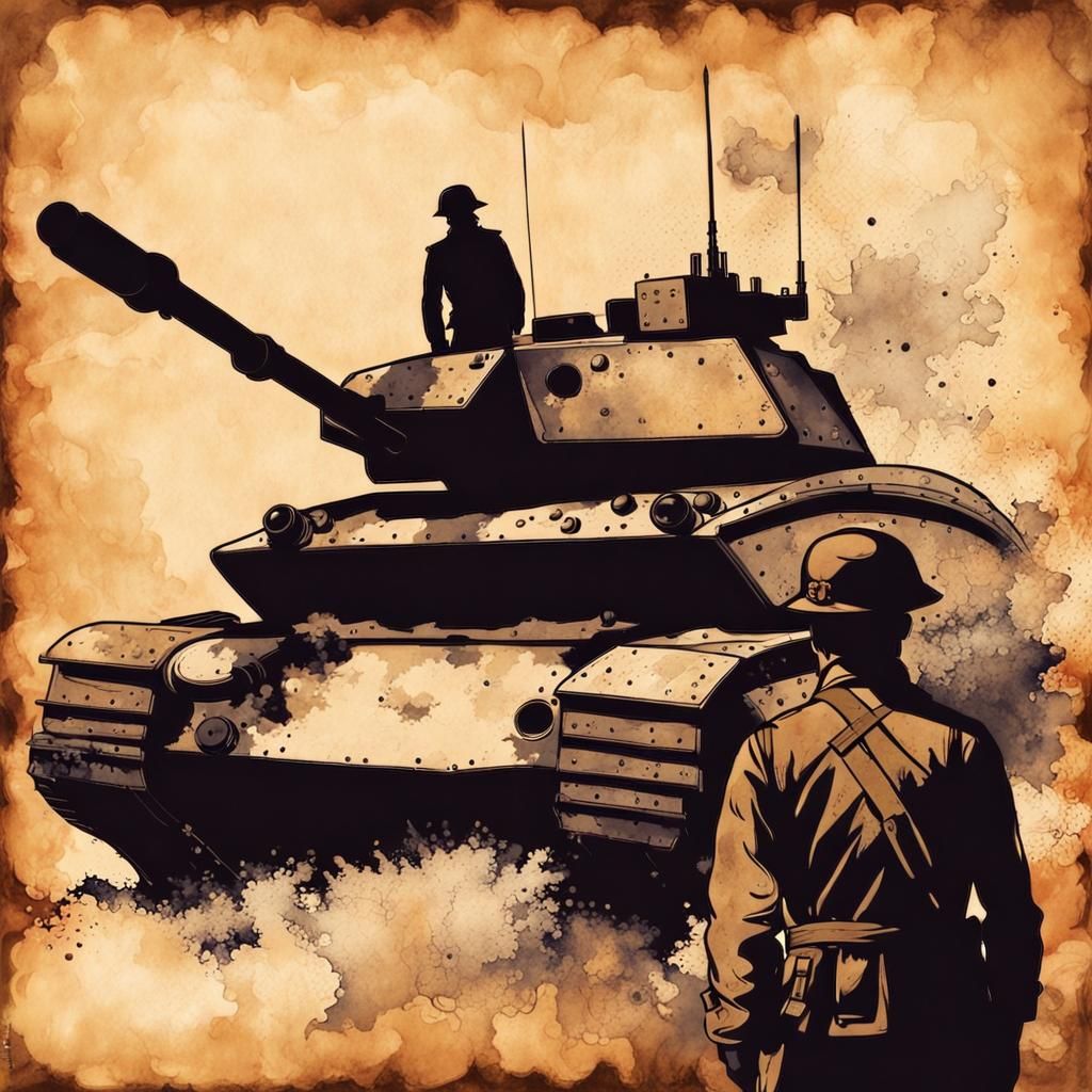 Soldier and Tank: Steampunk Ink Painting on Battlefield