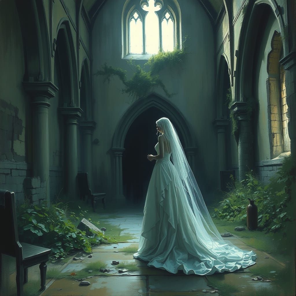 Ghostly Bride in Abandoned Church, Diffuse Painting