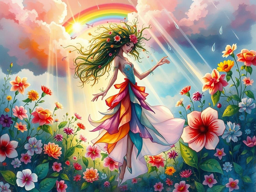 Whimsical Flower Woman Dances in Vibrant Garden