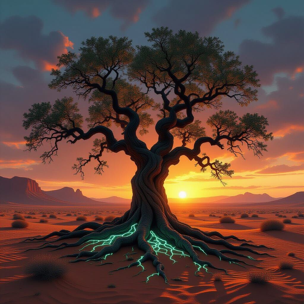 Alien Desert Oak with Bioluminescent Roots in Binary Sunset