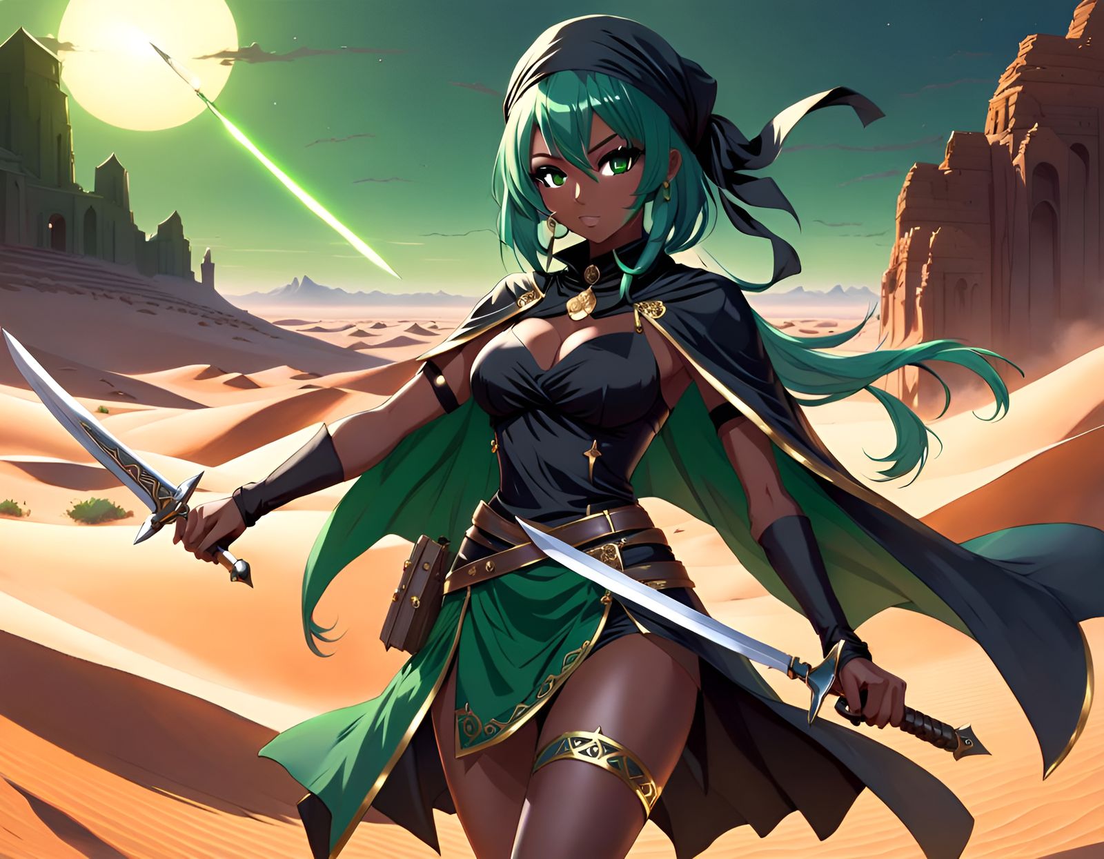 Fantasy Anime Assassin in Desert at Dawn