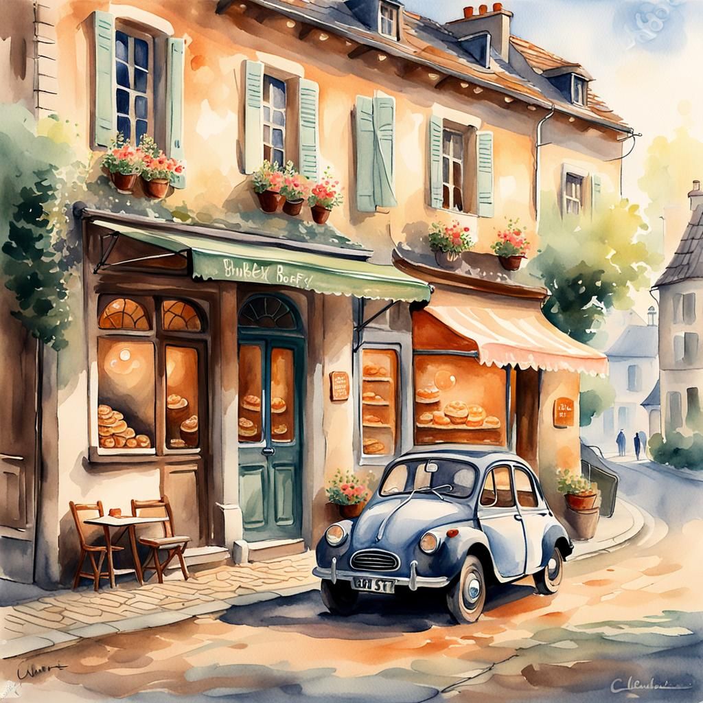 Bubble Car in Quaint Village: Impressionist Watercolor
