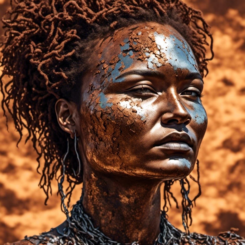 <lora:Chrome:1.0> <lora:Corrosion:1.0> <lora:IndigenousWoman:1.0> A woman wearing a dress of rusted Chrome