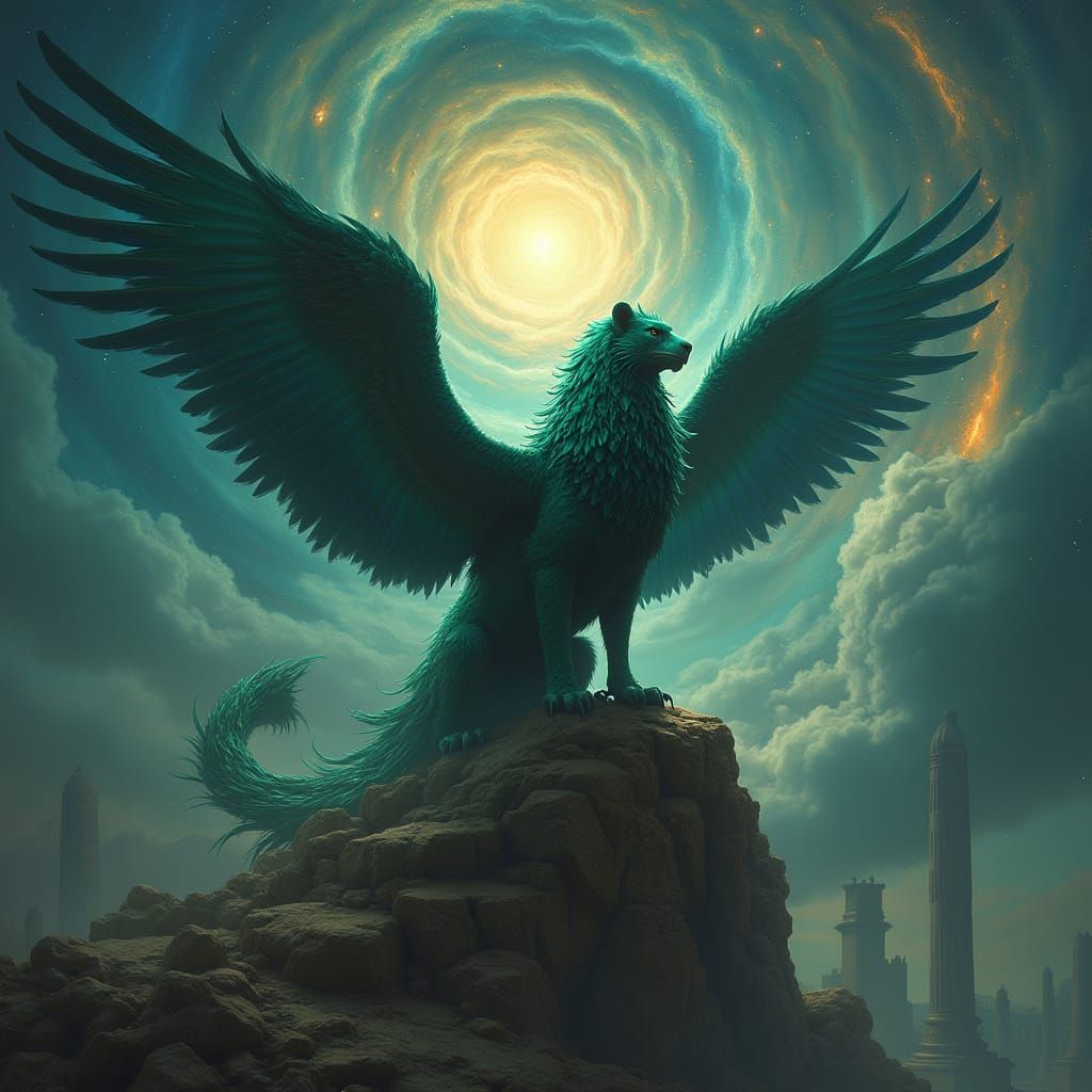 Majestic Griffin with Peacock Feathers on Ancient Ruin