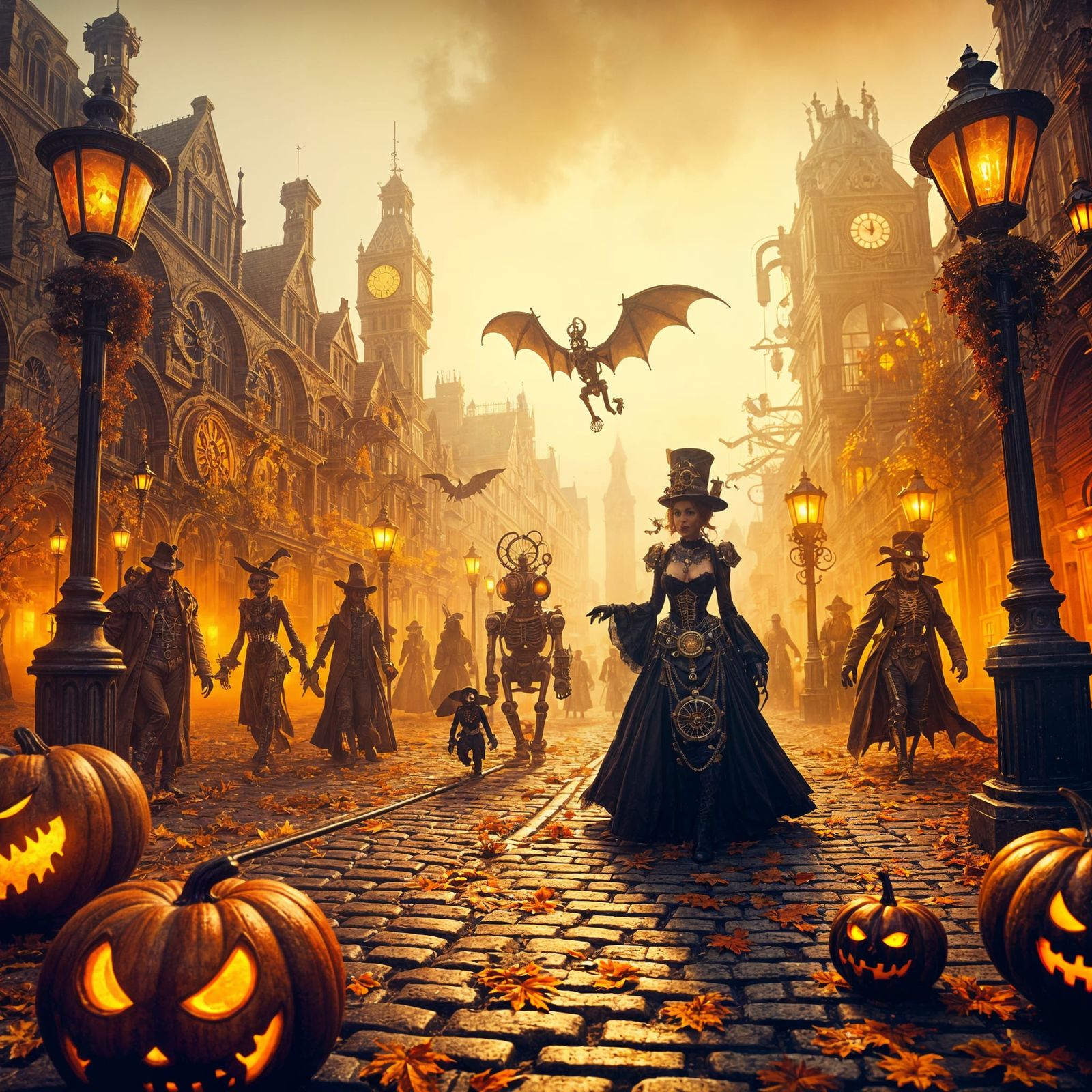 Steampunk Halloween Parade in Foggy Autumn City