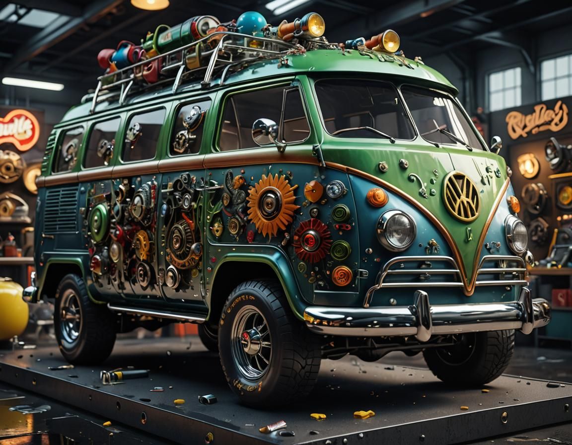 Rat Fink Camper Van with Intricate Mechanical Details