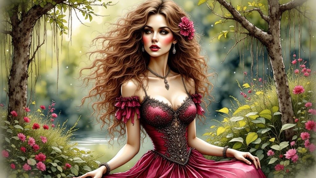 Elegant Woman in Park: Watercolor and Ink