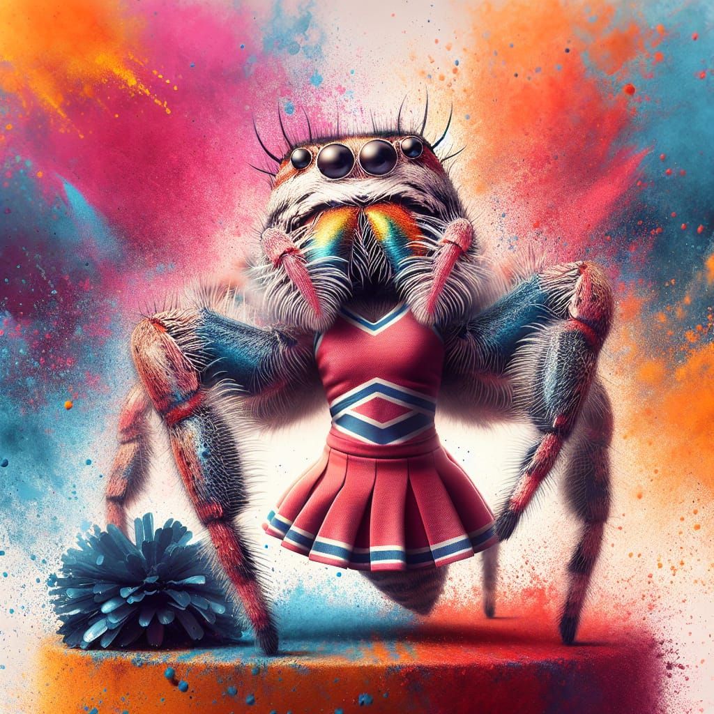 Hyperrealistic Jumping Spider Cheerleader in Splash Art Styl...