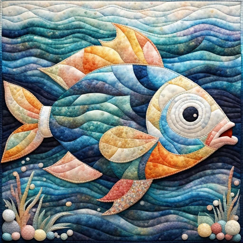 Patchwork Fish with Diamante Patterning and Watercolour Effe...