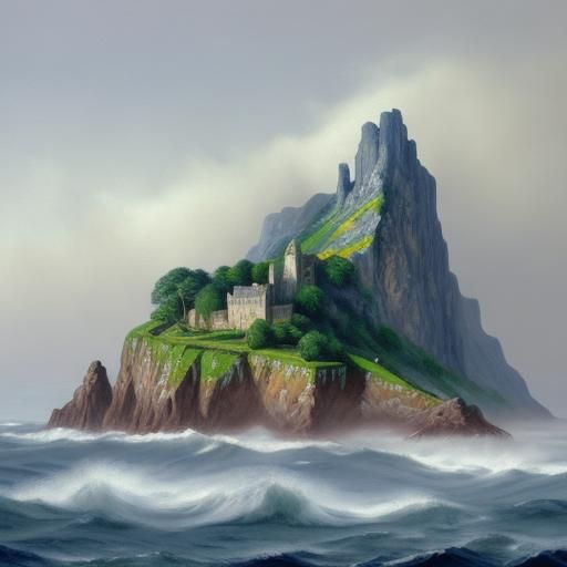 Dragonstone Island in Fog: Impressionist Gouache Painting