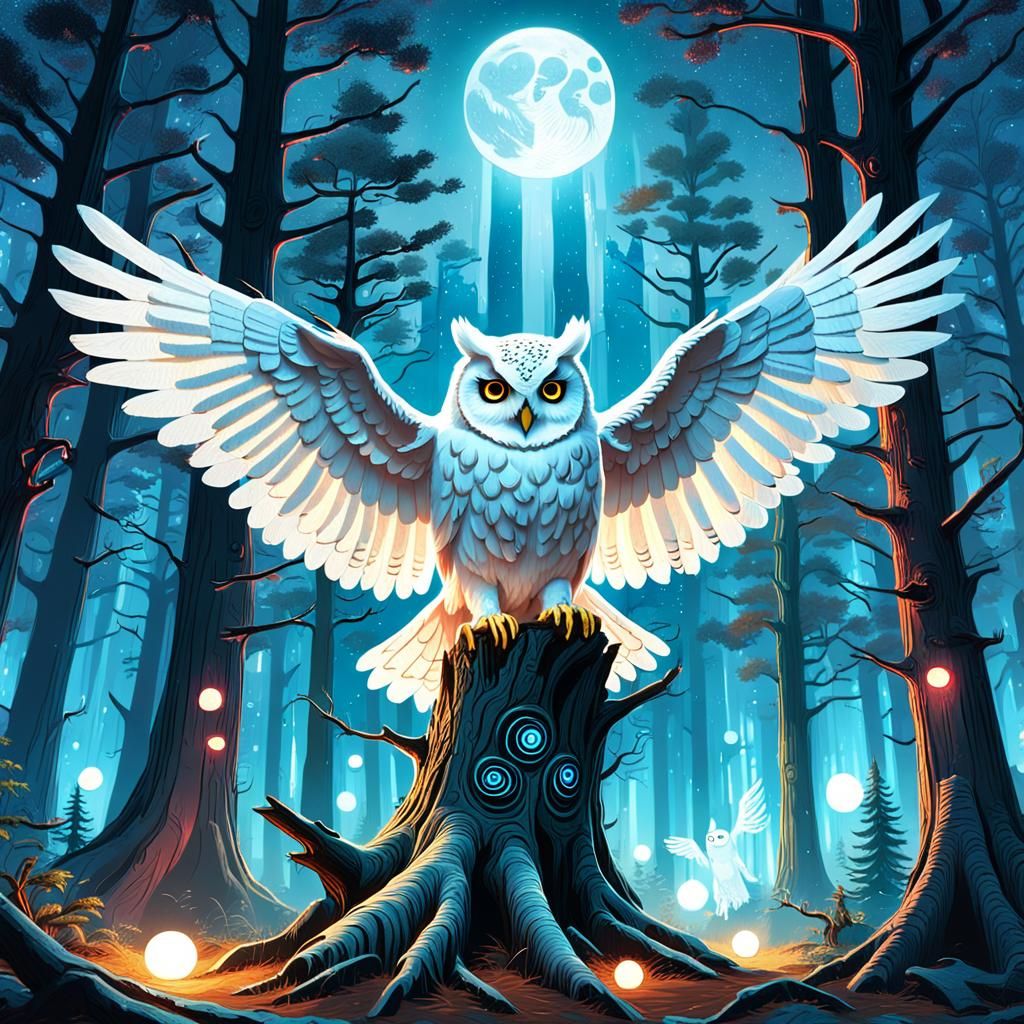 Majestic Owl in Bioluminescent Forest Concept Art