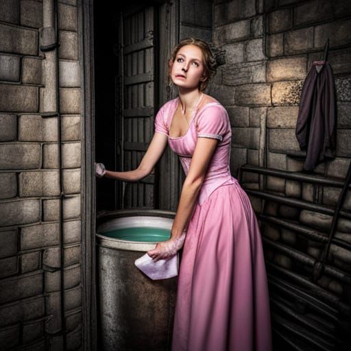 Servant wetting her rag but visibly tired of working