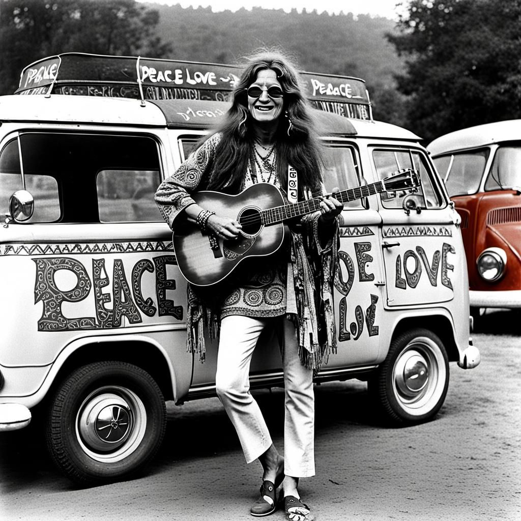 A female singer Janis Joplin with distinctively strong and soulful voice dressed in characteristic hippie attire stands ...