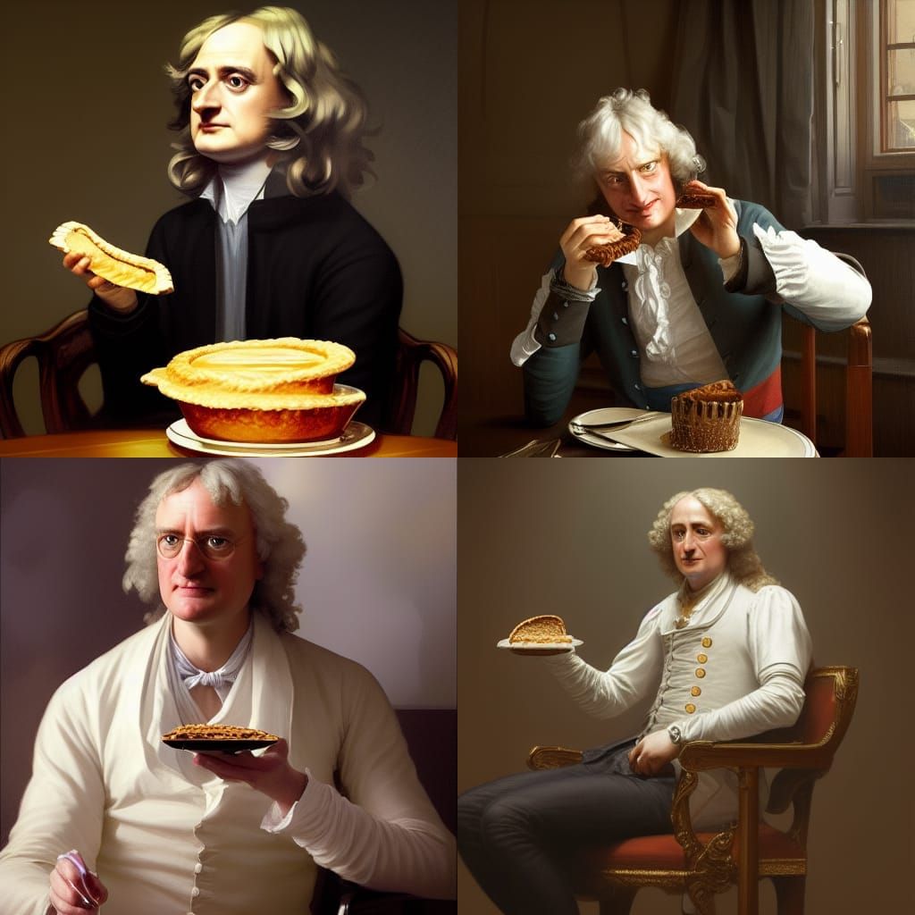 Sir Isaac Newton sitting in a chair, eating pie