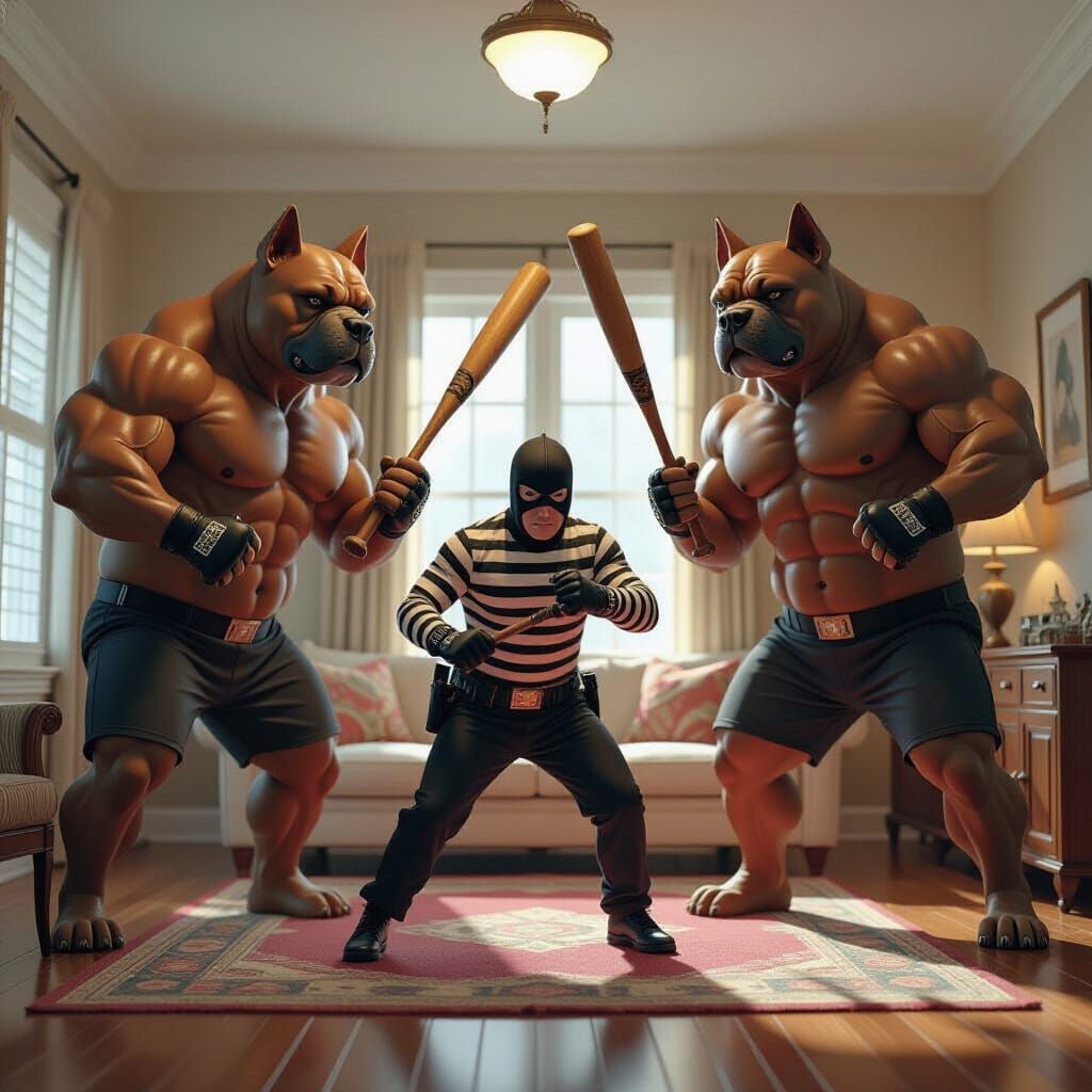 Burglar Evades Muscular Dog Guards in Dramatic Lighting