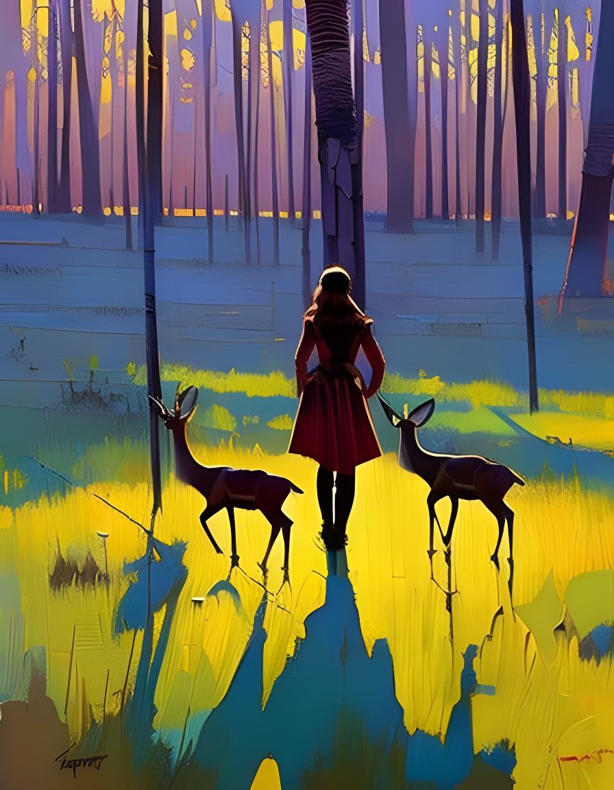 Deer in Forest Contre-Jour Impressionistic Style