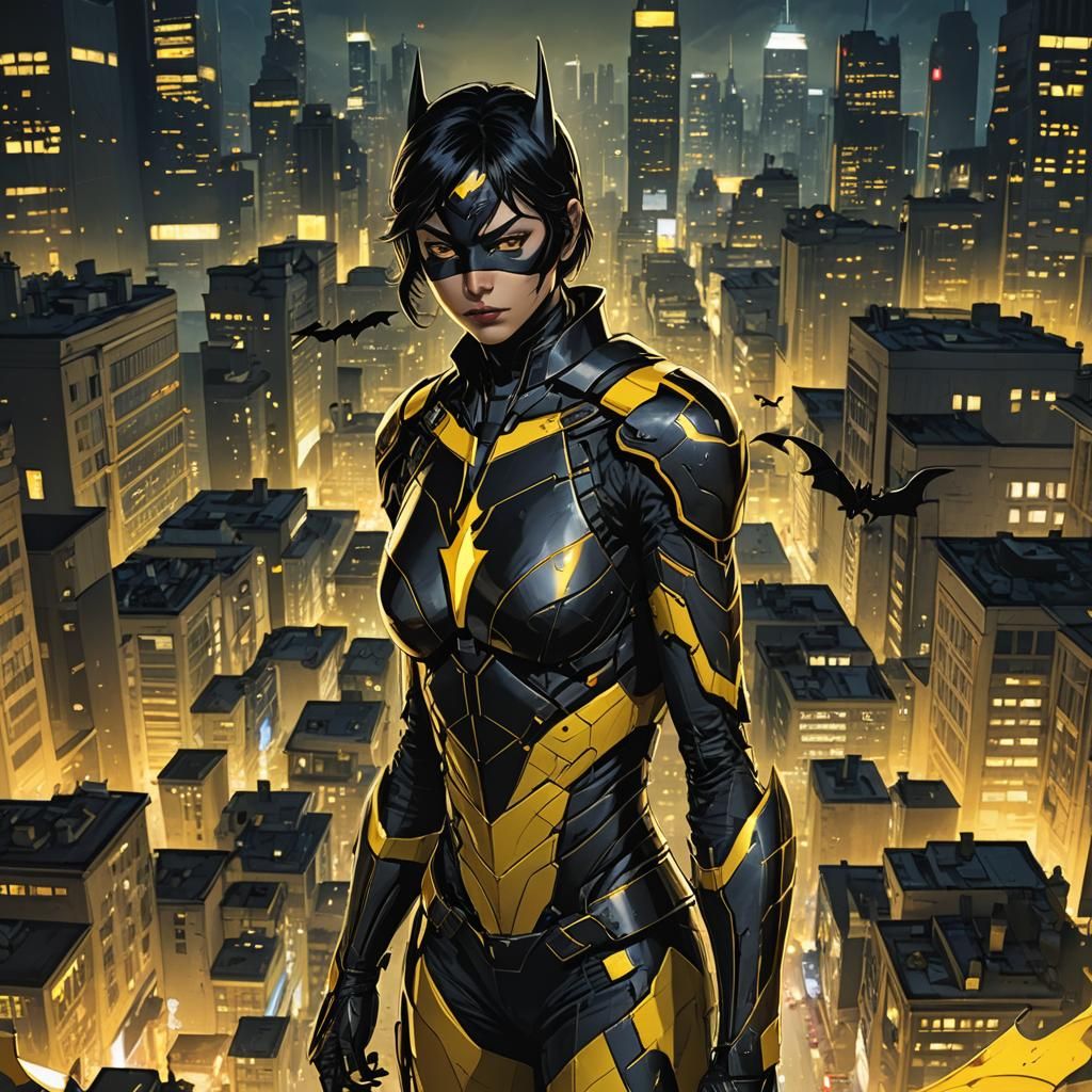 Cassandra Cain in Black and Yellow Armor in City at Night