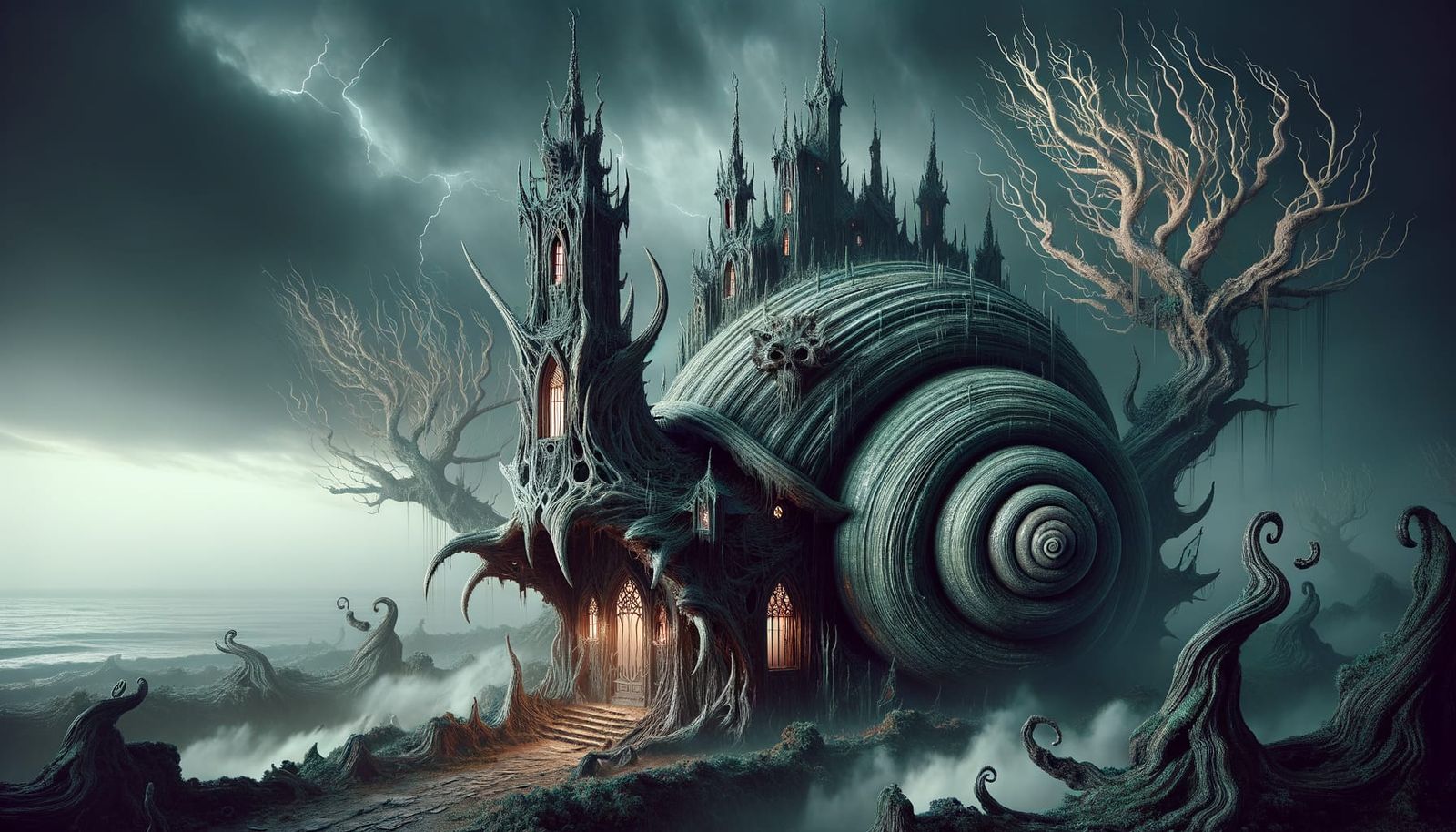 Nightmarish Snail Shell House in Dark Fantasy Horror