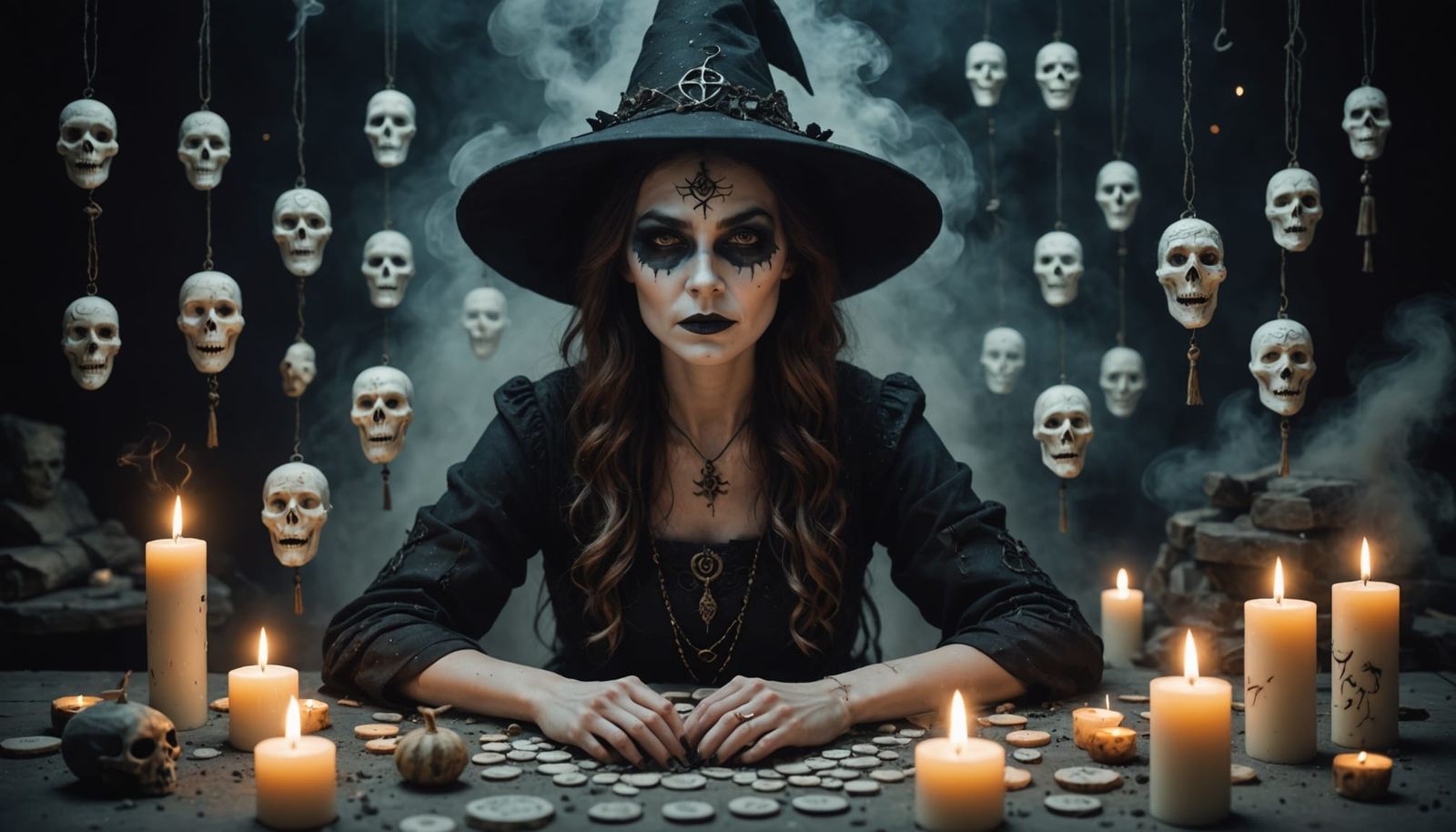 Mysterious Witch Surrounded by Emotional Masks