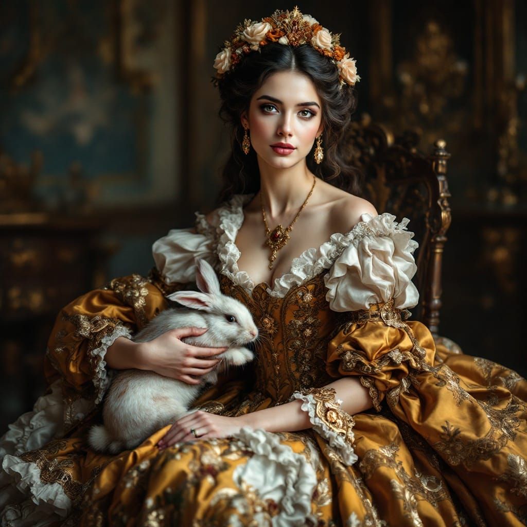 Elegant Lady in Rococo Gown with Pet Rabbit