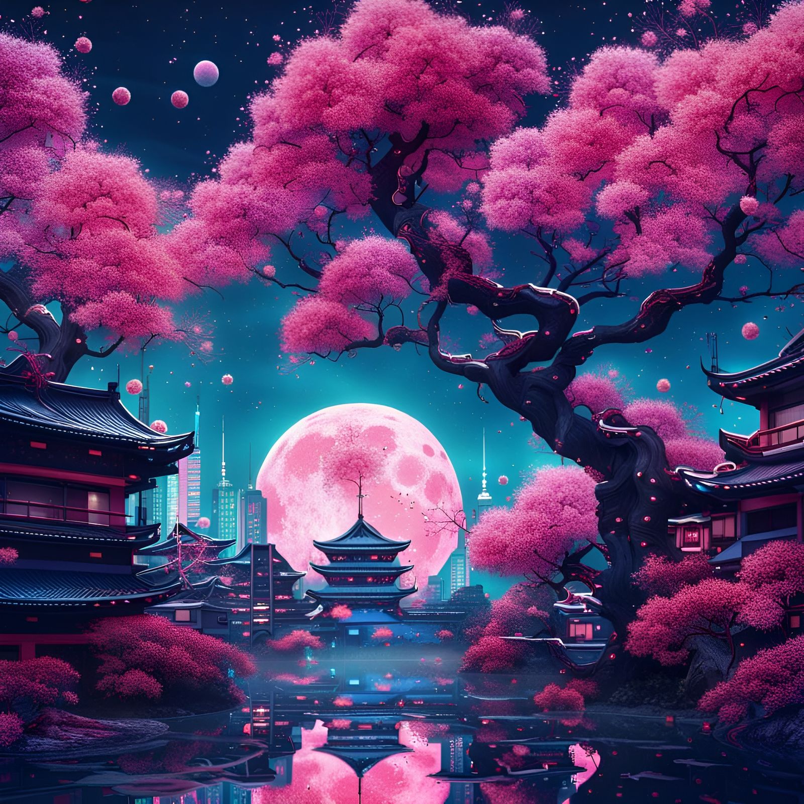 Vaporwave Cityscape with Cherry Blossoms and Moons