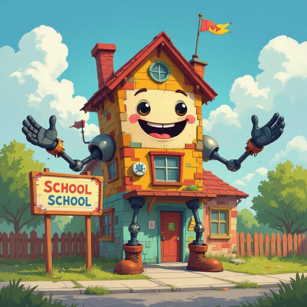 Whimsical Building with Arms, Legs, and Face at School