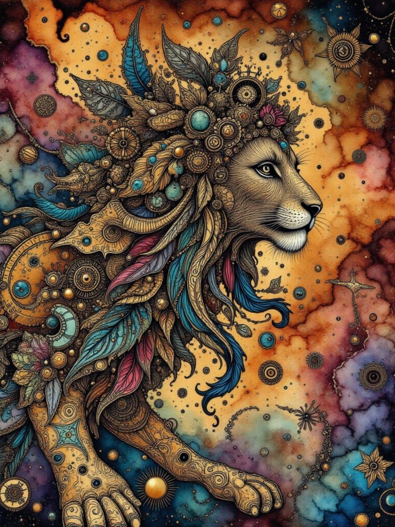 Majestic Lion in Cosmic Art Deco Nebula