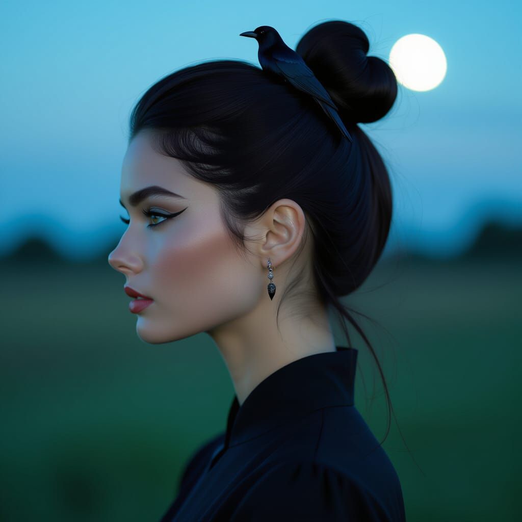 Moonlit Woman with Crow Pin, Cinematic Style