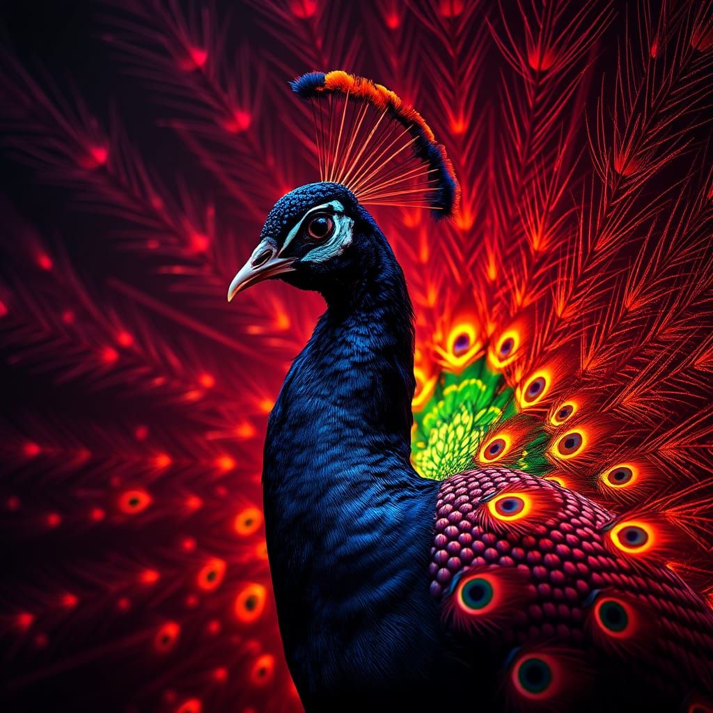 Neon Plumage on Majestic Peacock in HDR Style