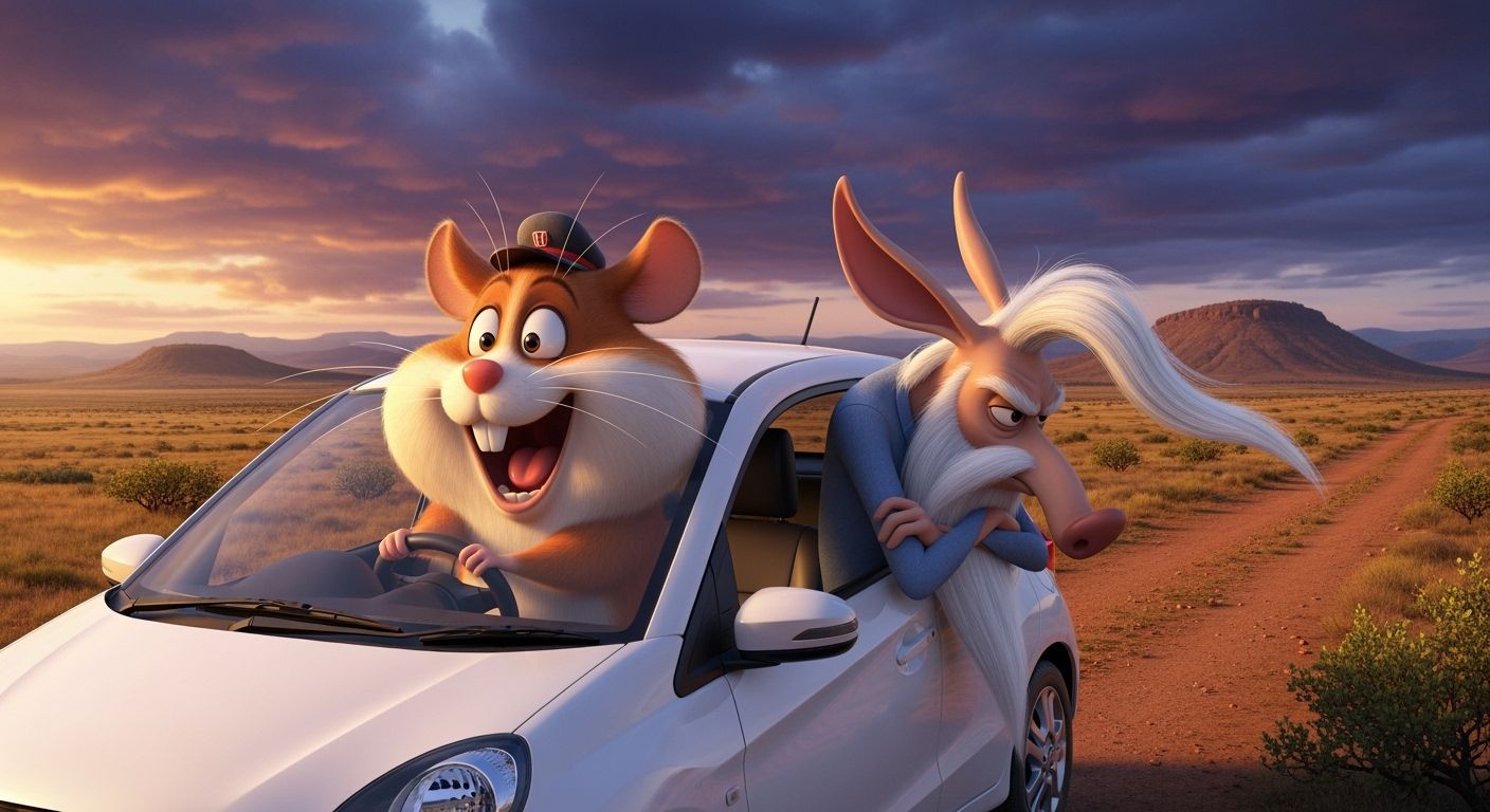 Joyful Hamster Drives Honda Through Arid Karoo