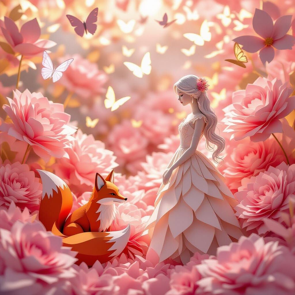 Paper Garden with Girl and Fox in Ethereal Light