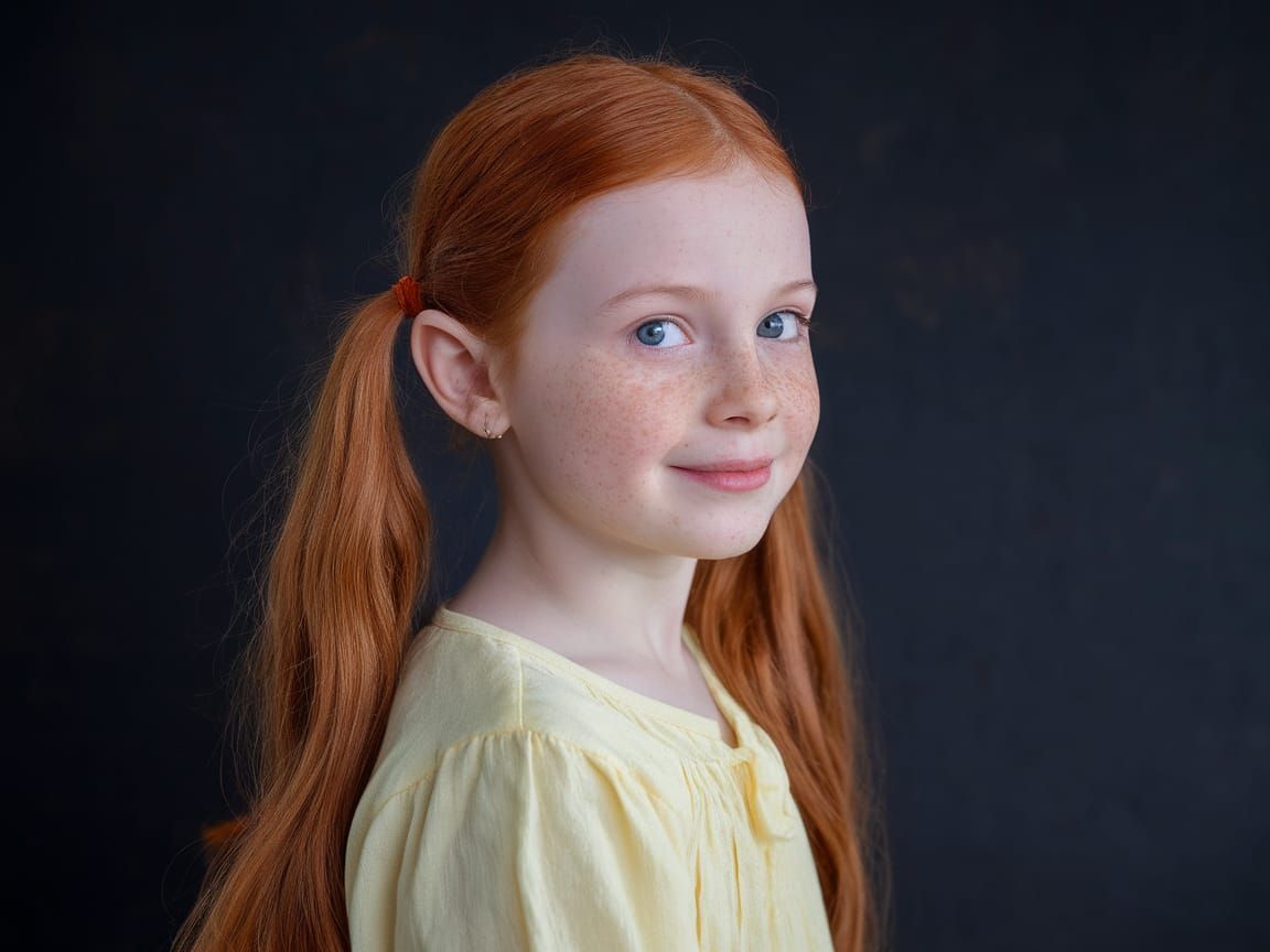 Half Profile Portrait of Young Girl with Pigtails
